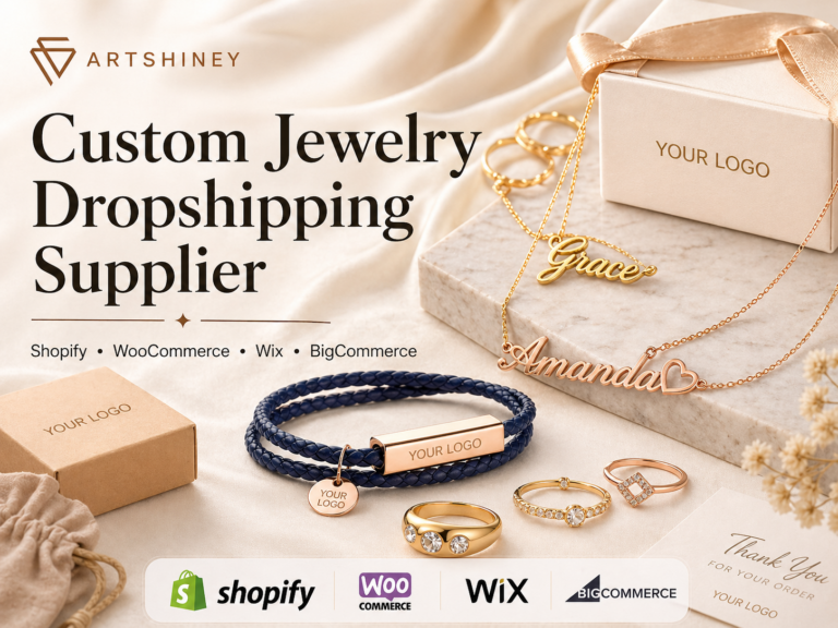 Custom jewelry dropshipping supplier with your logo packaging for Shopify WooCommerce Wix and BigCommerce sellers