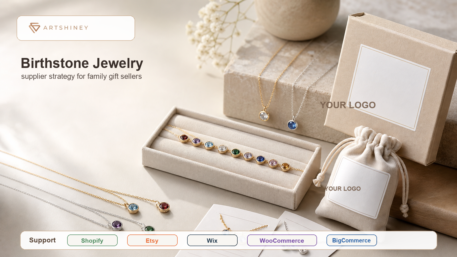 Artshiney birthstone jewelry supplier cover with Shopify Etsy Wix WooCommerce and BigCommerce support strip