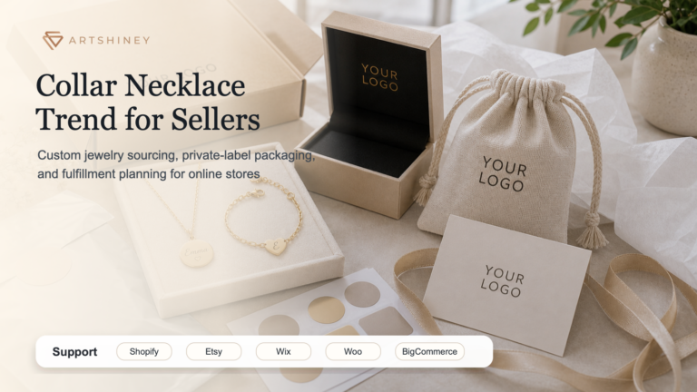 Real-world Artshiney collar necklace seller cover with private-label jewelry packaging marked YOUR LOGO and Support platform strip for Shopify Etsy Wix Woo and BigCommerce