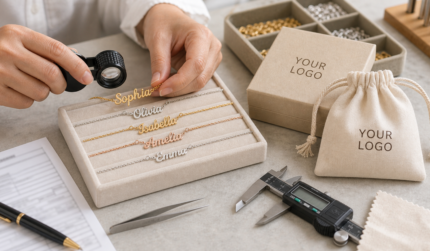 Real-world name necklace quality control workbench with packaging marked YOUR LOGO for custom jewelry sellers