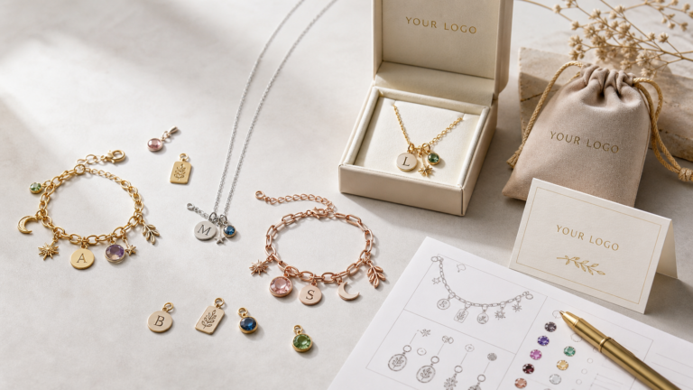 Custom charm jewelry collection with YOUR LOGO packaging for Shopify and Etsy sellers