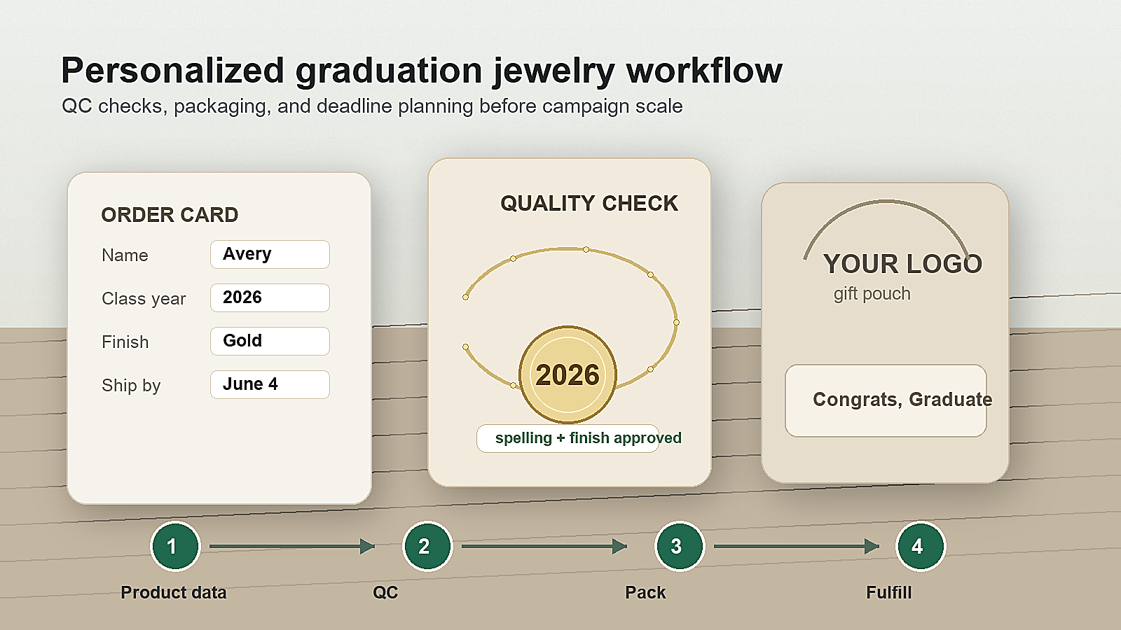 Personalized graduation jewelry quality control and packaging workflow with YOUR LOGO merchant branding