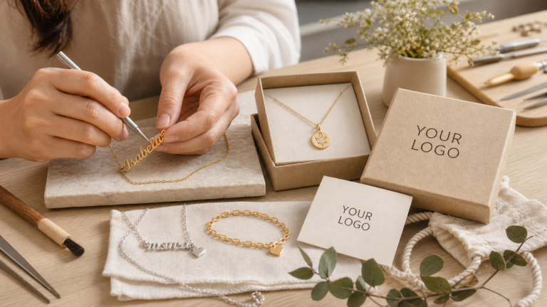 Handmade custom jewelry craftsmanship with merchant packaging marked YOUR LOGO