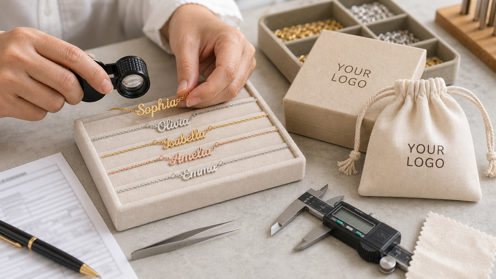 Realistic name necklace quality control workbench with inspection tools and YOUR LOGO packaging