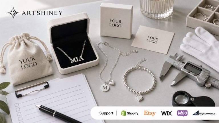 Artshiney silver personalized jewelry supplier cover with YOUR LOGO packaging and Support platform strip for Shopify Etsy Wix Woo and BigCommerce