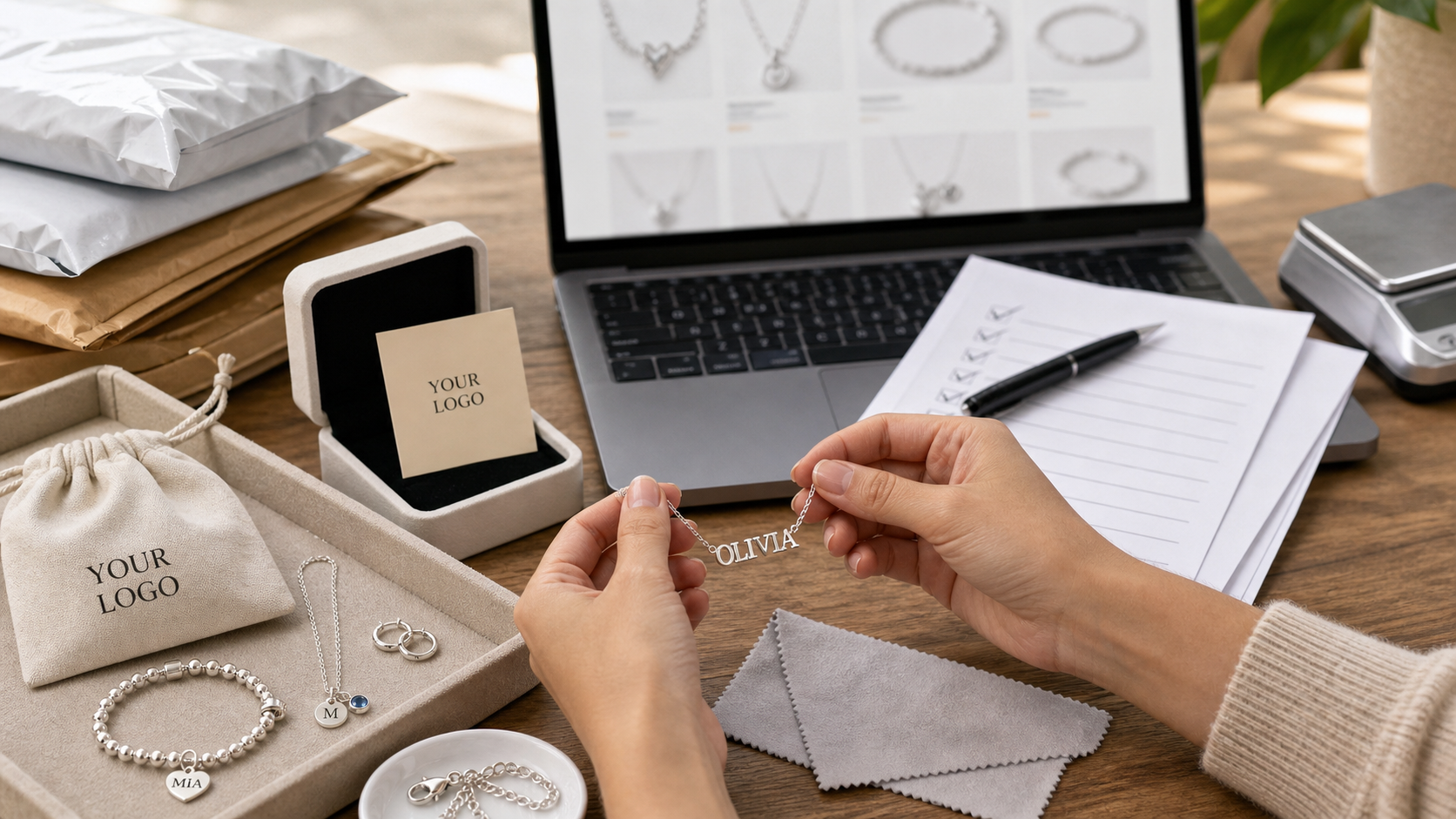Seller inspecting silver personalized jewelry samples with YOUR LOGO packaging for ecommerce launch planning