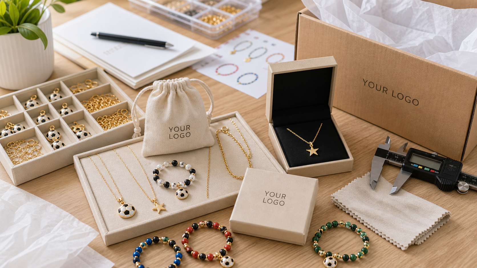Realistic soccer fan jewelry merchant workbench with charms, tools, and YOUR LOGO packaging