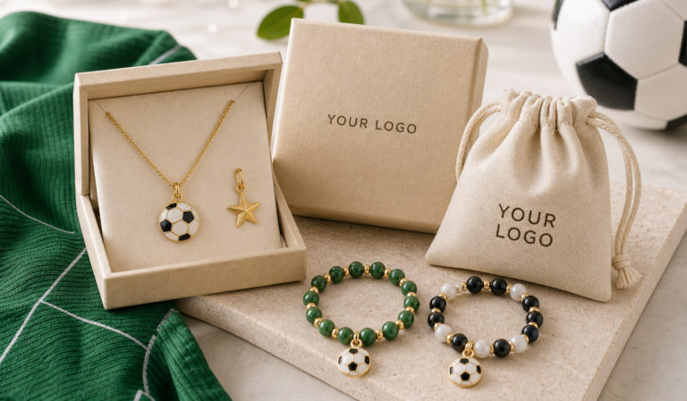 Realistic generic soccer tournament jewelry cover with soccer charm necklace and YOUR LOGO packaging