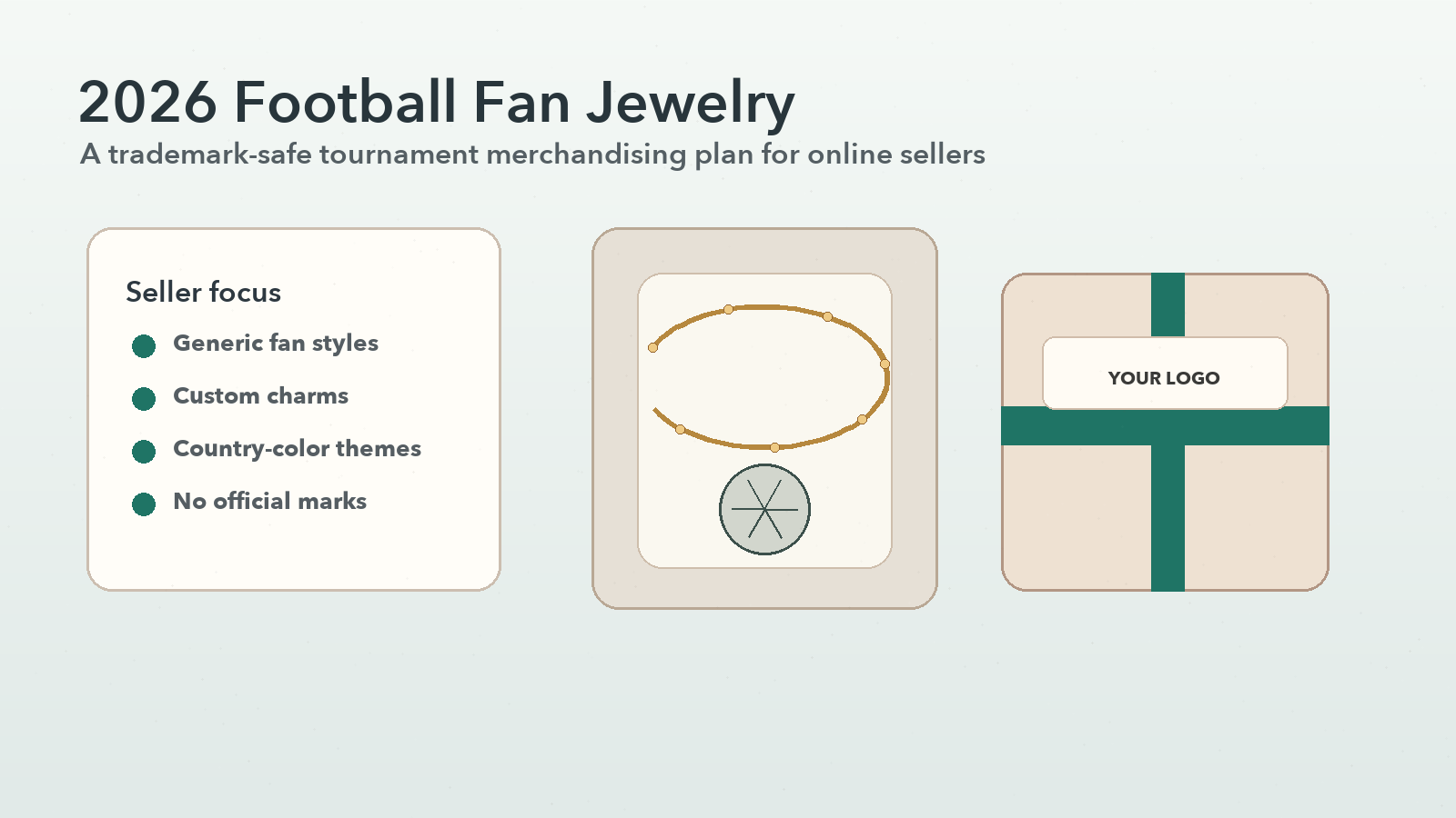 Generic football fan jewelry merchandising cover with charm necklace and merchant gift box marked YOUR LOGO
