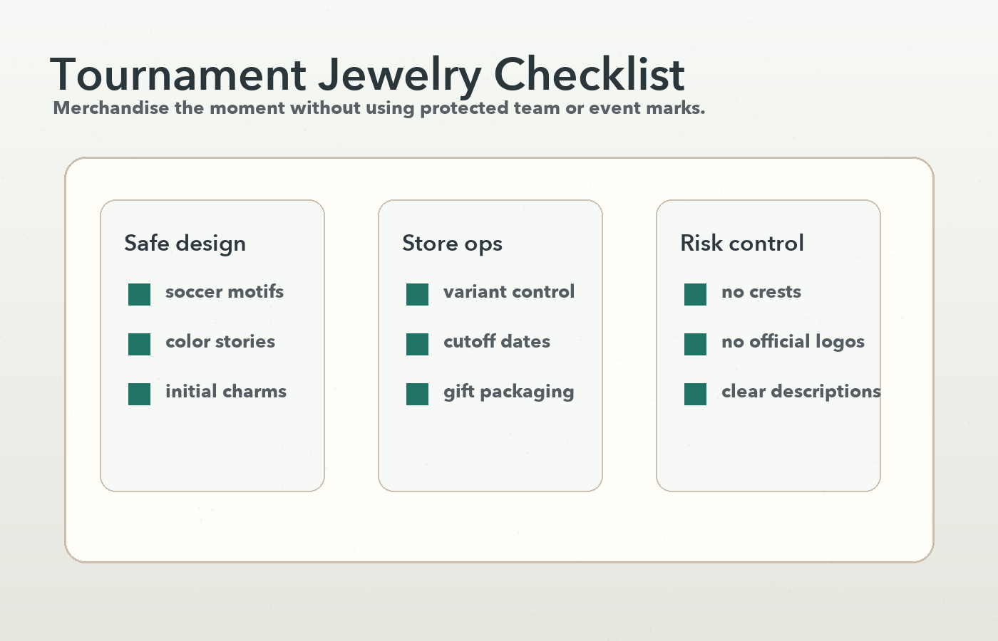 Tournament jewelry seller checklist for safe design, store operations, and intellectual property risk control