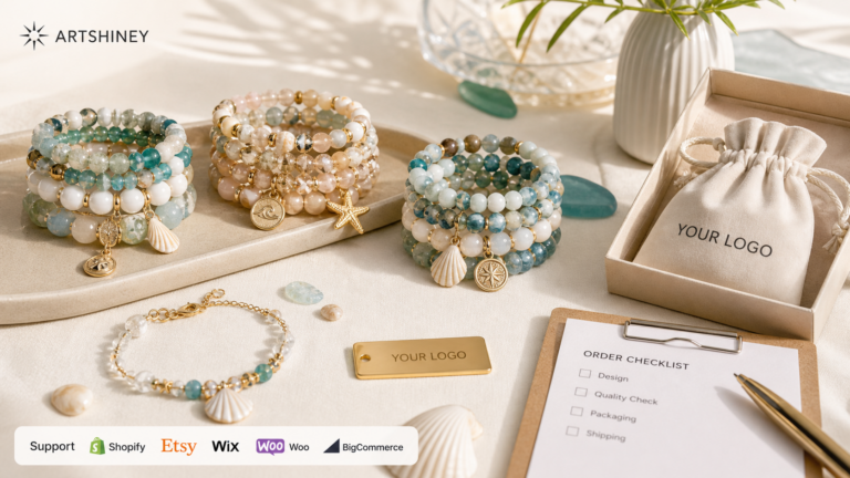 Beaded bracelet stack and coastal charm jewelry collection with YOUR LOGO packaging and Artshiney support for Shopify Etsy Wix Woo and BigCommerce sellers