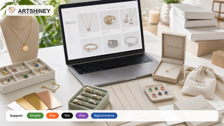 Artshiney custom jewelry supplier guide cover with Shopify Etsy Wix Woo and BigCommerce support strip