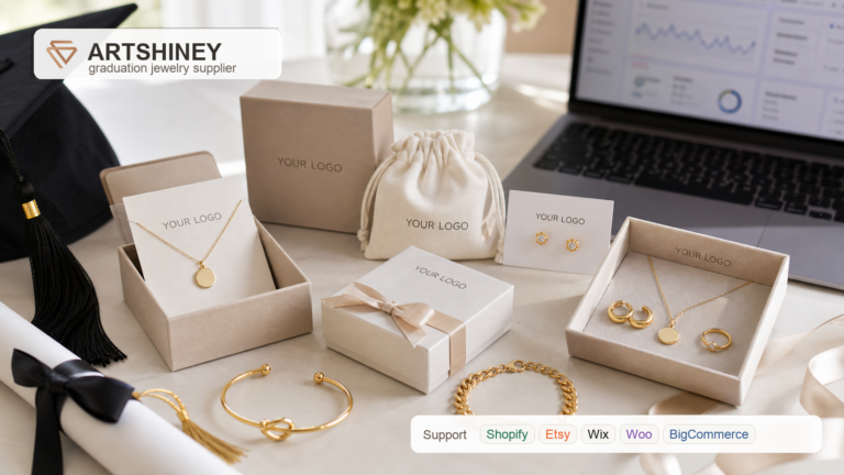 Realistic Artshiney graduation jewelry supplier cover with YOUR LOGO packaging and platform support strip