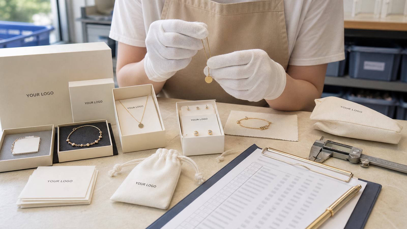 Realistic graduation jewelry quality control and packaging workflow with YOUR LOGO merchant branding