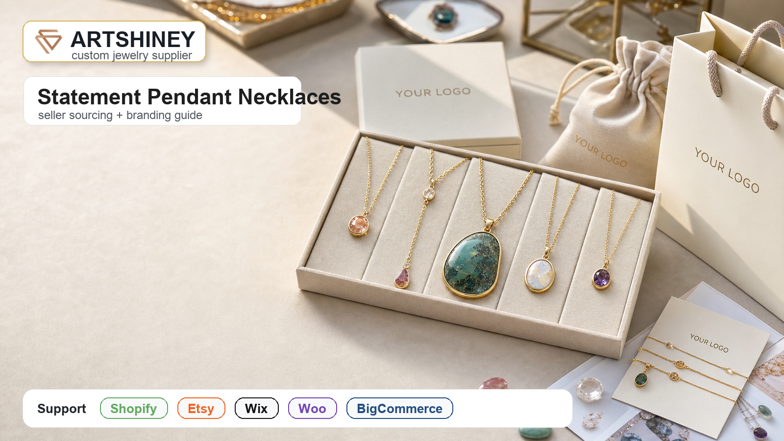 Statement pendant necklace supplier cover with Artshiney support for Shopify Etsy Wix Woo and BigCommerce sellers