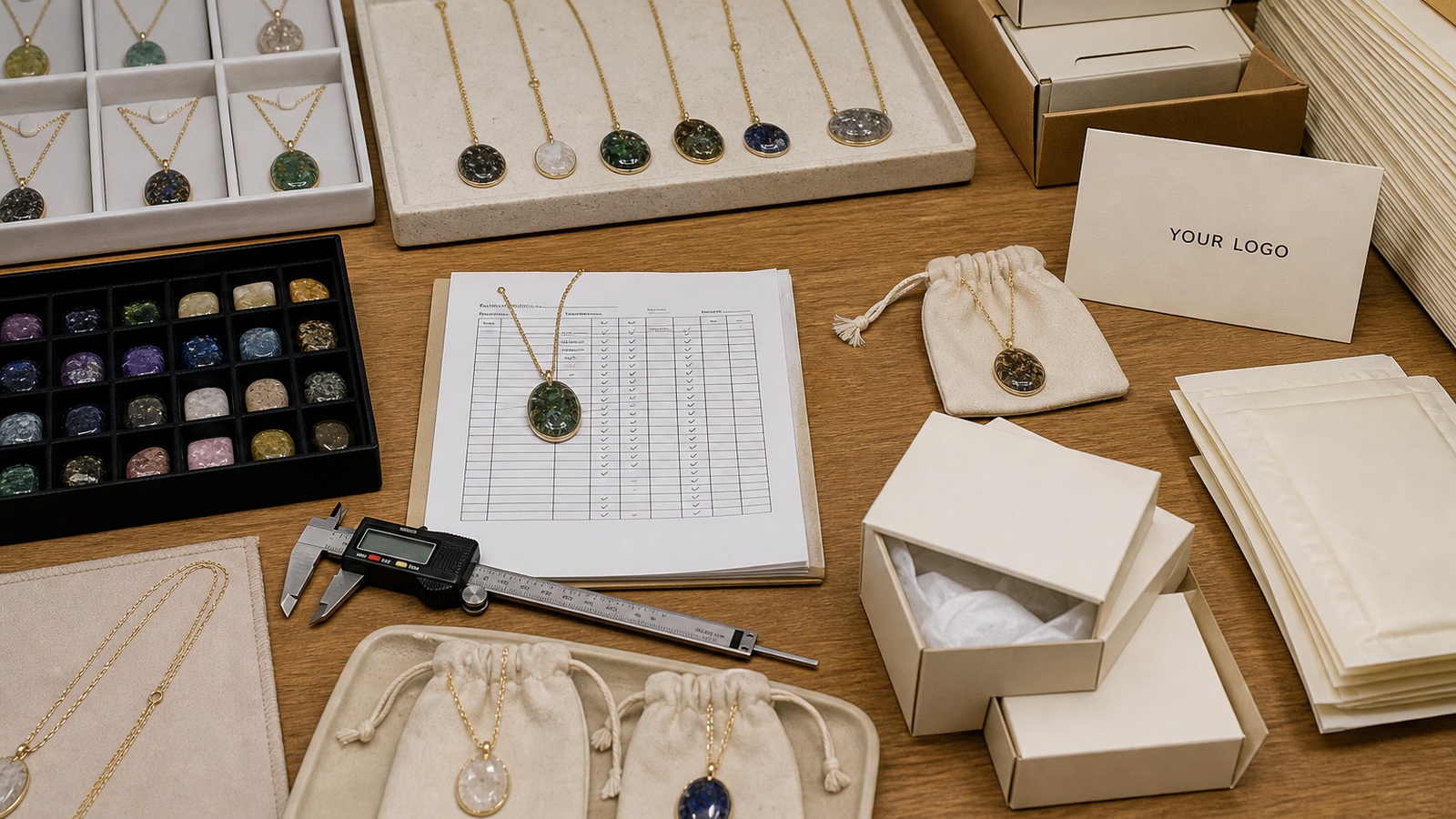 Quality control and fulfillment workflow for custom statement pendant necklaces with YOUR LOGO packaging