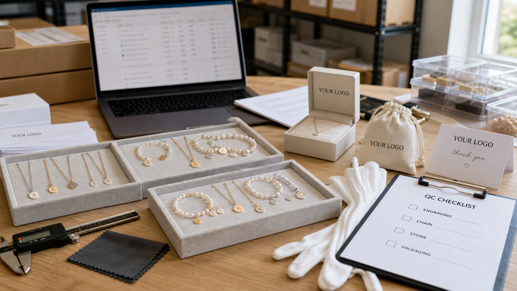 Quality control and fulfillment workflow for personalized wedding jewelry sellers with YOUR LOGO packaging