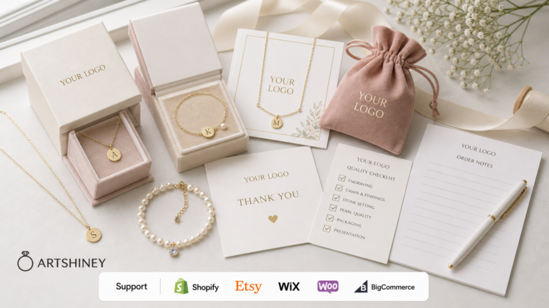 Personalized wedding jewelry collection with YOUR LOGO packaging and Artshiney support for Shopify Etsy Wix Woo and BigCommerce sellers