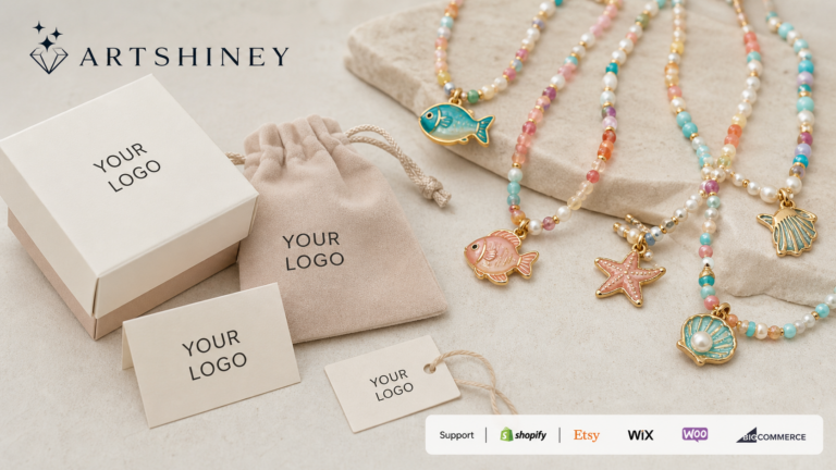 Artshiney dopamine beaded jewelry cover with YOUR LOGO packaging and Support strip for Shopify Etsy Wix Woo and BigCommerce sellers