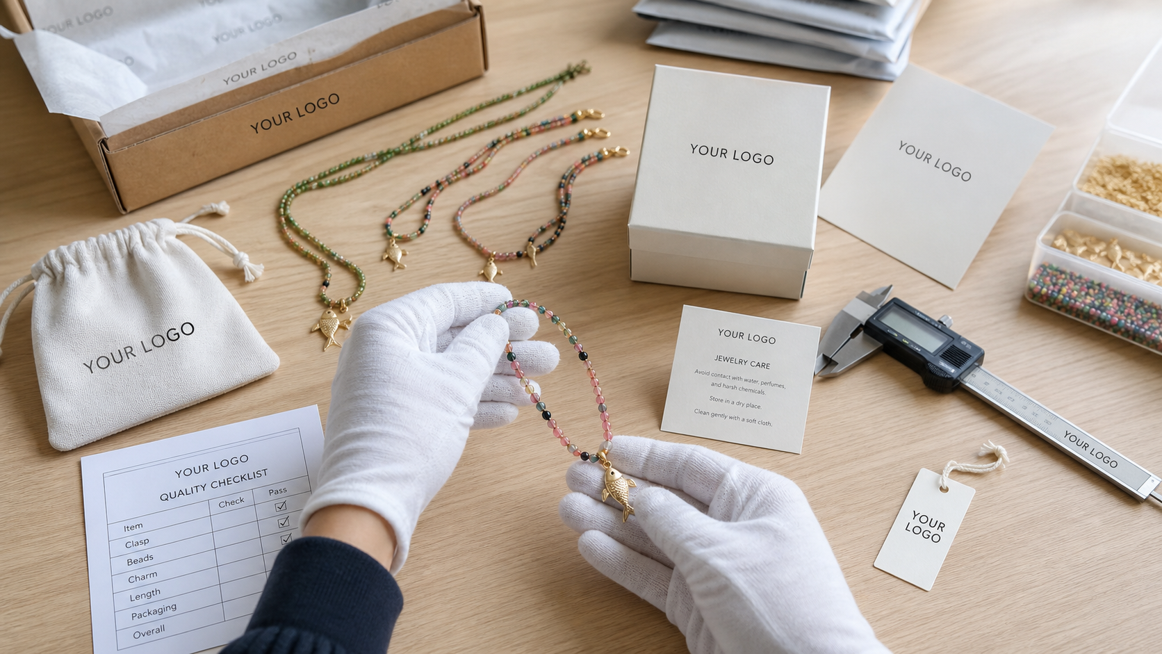 Dopamine beaded jewelry quality control workflow with fish charms and YOUR LOGO private-label packaging for ecommerce sellers
