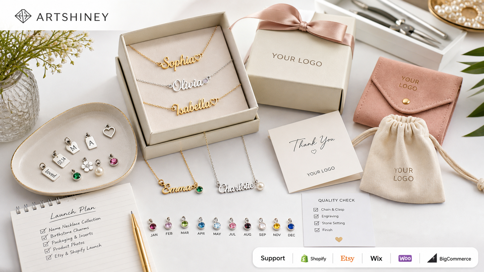 Artshiney custom name necklace and charm jewelry launch cover for ecommerce sellers