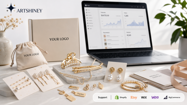 Artshiney hair jewelry search demand cover for ecommerce jewelry sellers with YOUR LOGO packaging and supported platform strip