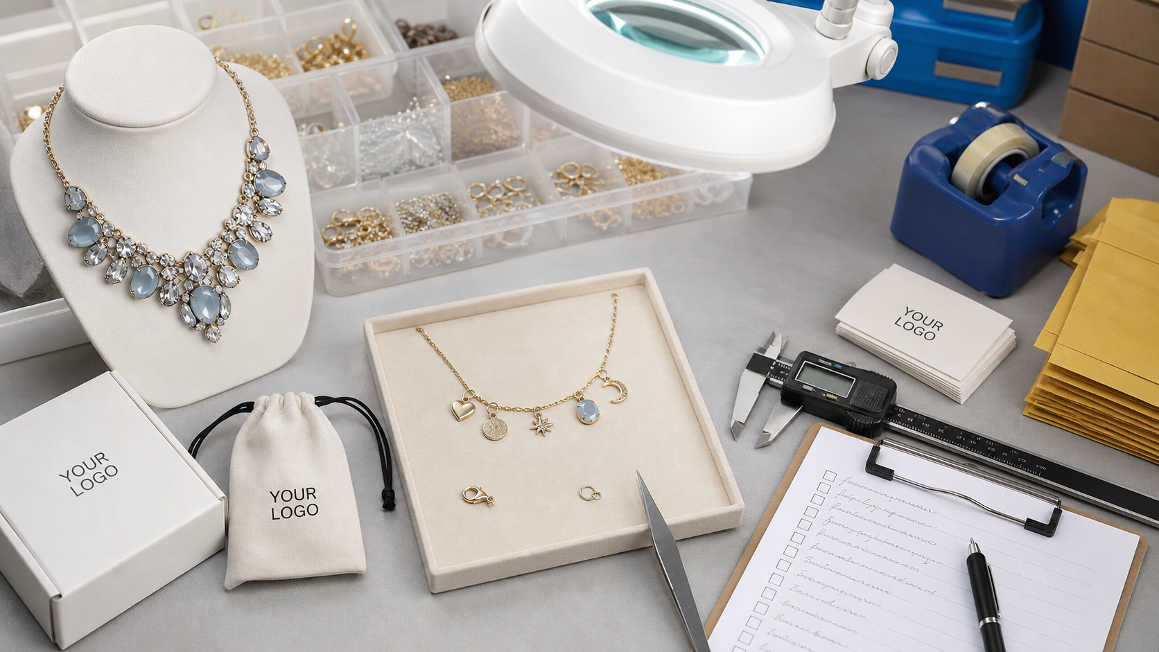 Quality control workbench for statement necklaces and custom jewelry fulfillment with YOUR LOGO packaging