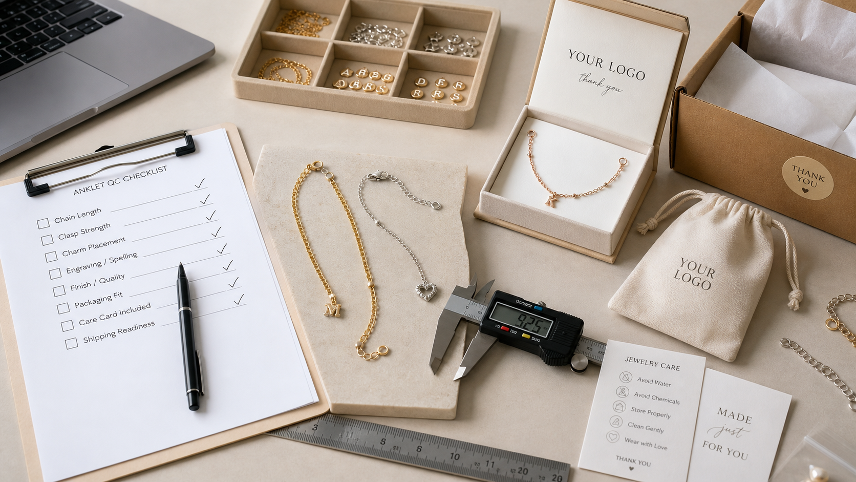 Custom anklet quality control workflow with chain length checks and YOUR LOGO packaging for ecommerce sellers