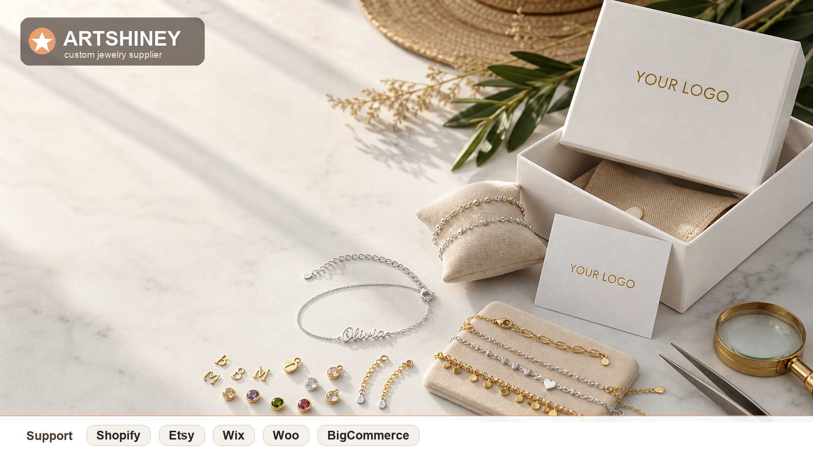 Artshiney anklet search demand cover with YOUR LOGO packaging and Support strip for Shopify Etsy Wix Woo and BigCommerce sellers
