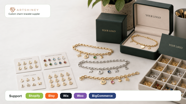 Artshiney custom charm bracelet bar cover with YOUR LOGO packaging and Support strip for Shopify Etsy Wix Woo and BigCommerce sellers