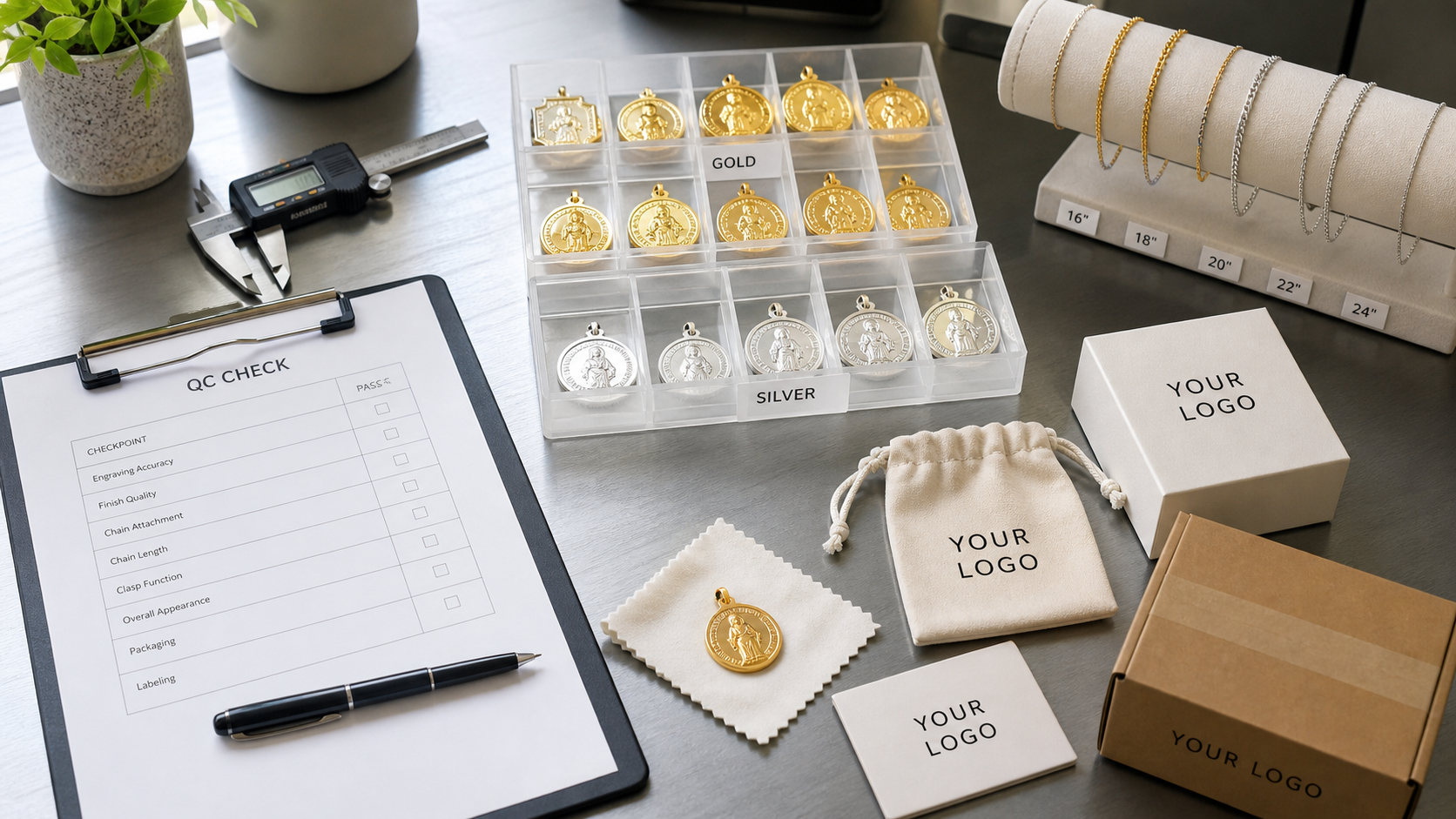 Quality control workflow for custom medallion jewelry orders with YOUR LOGO packaging