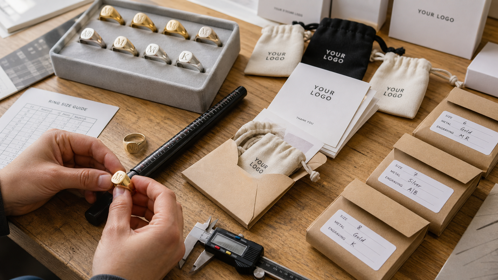 Quality control workbench for custom engraved pinky signet rings and private label jewelry packaging