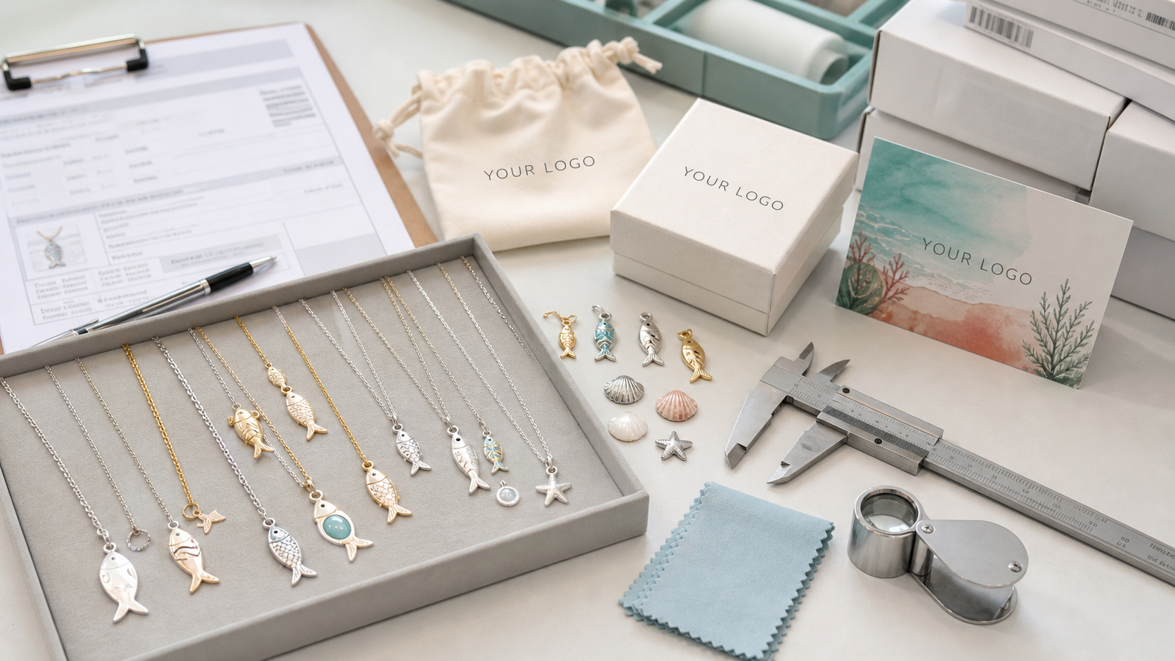 Quality control workflow for custom fish charm necklaces with YOUR LOGO packaging