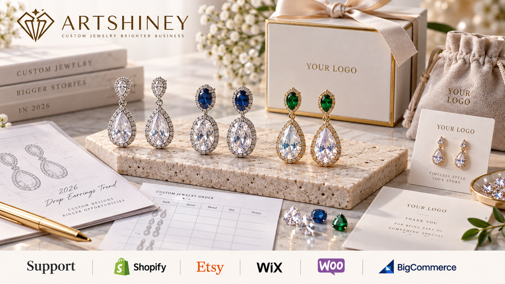 Custom drop earrings trend cover with Artshiney publisher branding and platform support for Shopify, Etsy, Wix, Woo, and BigCommerce sellers