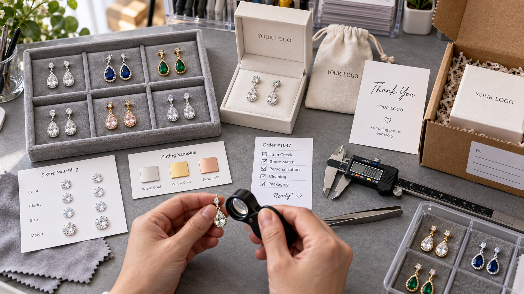 Custom drop earrings quality control workbench with stone matching, plating samples, order checks, and private label packaging for online jewelry sellers