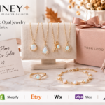 October opal birthstone jewelry cover with Artshiney publisher branding, YOUR LOGO packaging, and Support strip for Shopify Etsy Wix Woo and BigCommerce sellers