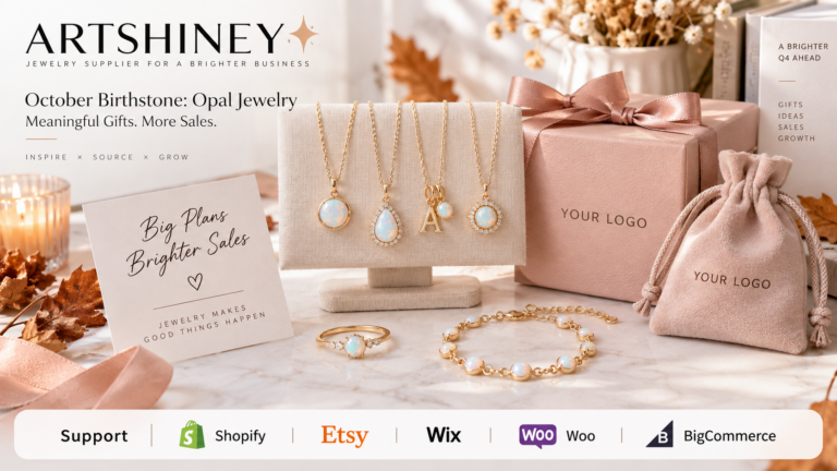 October opal birthstone jewelry cover with Artshiney publisher branding, YOUR LOGO packaging, and Support strip for Shopify Etsy Wix Woo and BigCommerce sellers