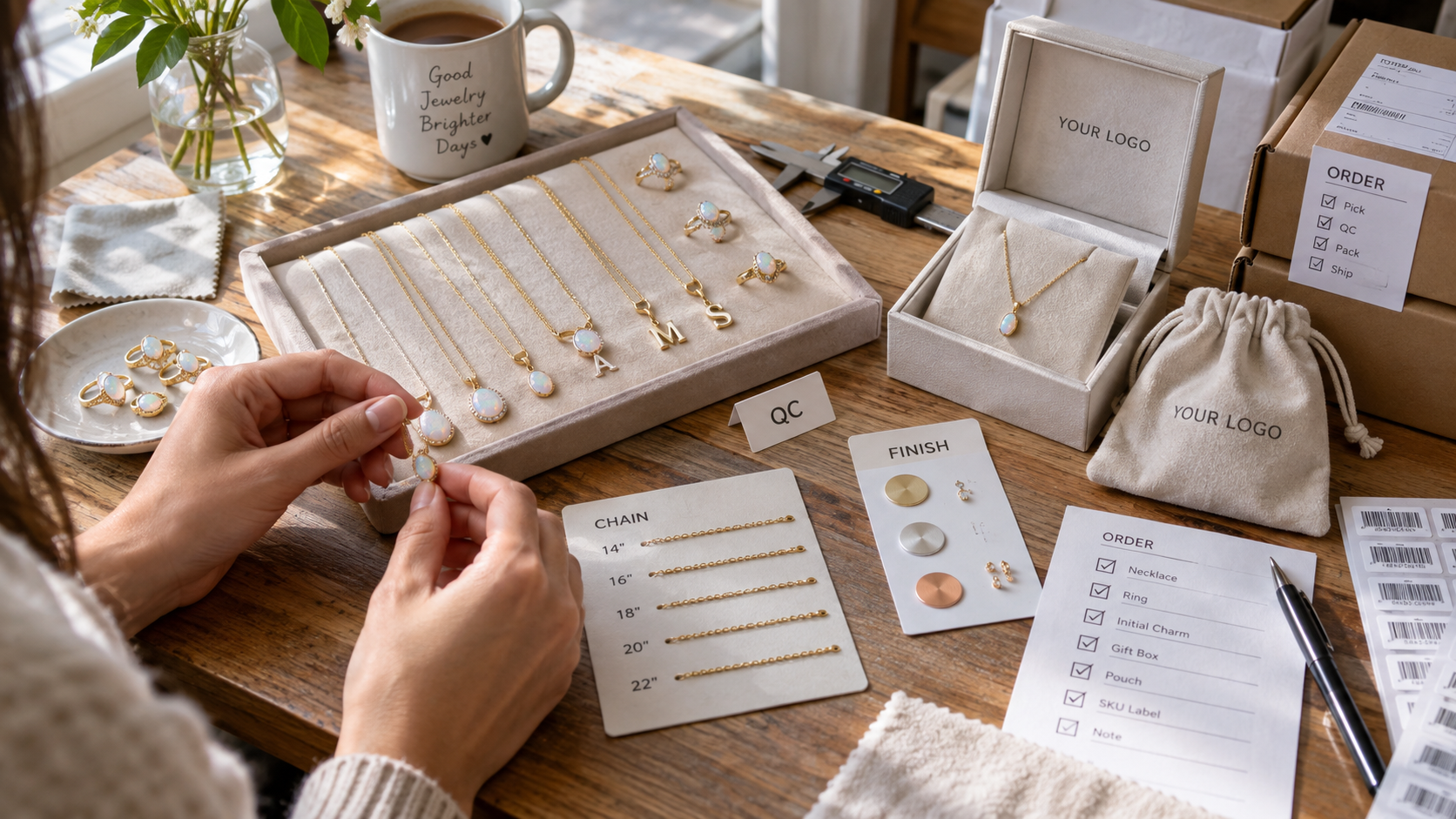Quality control workbench for October opal birthstone jewelry with chain length checks, finish swatches, order checklist, and YOUR LOGO packaging