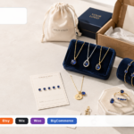 Artshiney September sapphire birthstone jewelry supplier cover with YOUR LOGO packaging and Support strip for Shopify Etsy Wix Woo and BigCommerce sellers