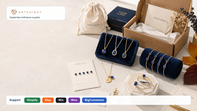 Artshiney September sapphire birthstone jewelry supplier cover with YOUR LOGO packaging and Support strip for Shopify Etsy Wix Woo and BigCommerce sellers