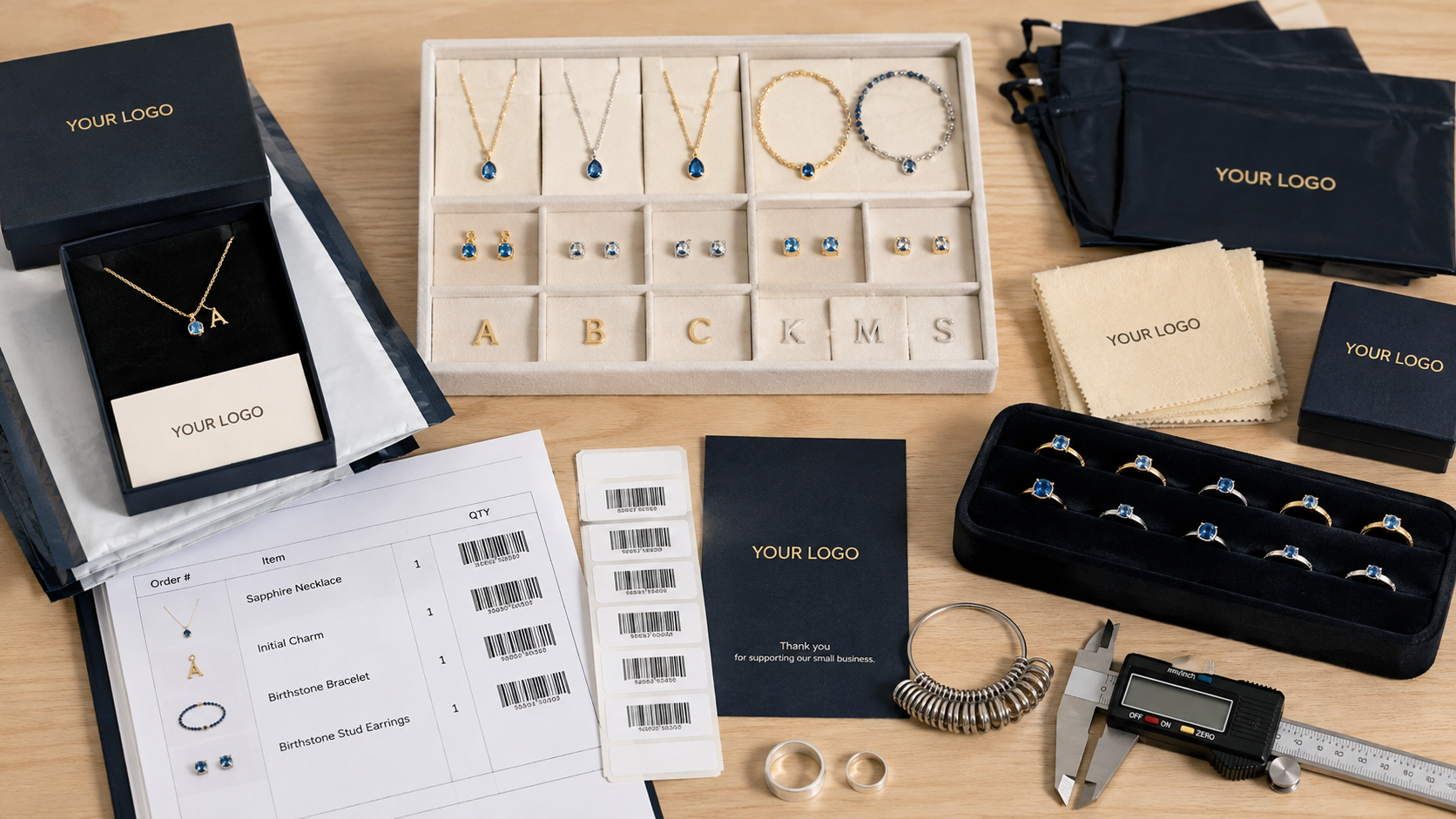 Quality control workbench for September sapphire birthstone jewelry with initials, bracelets, rings, order labels, sizing tools, and YOUR LOGO packaging