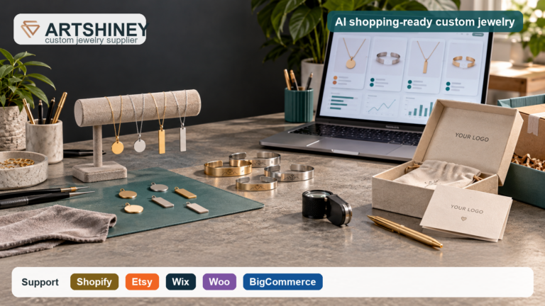 Artshiney custom jewelry supplier workbench with AI shopping product data and Support platform row for Shopify, Etsy, Wix, WooCommerce, and BigCommerce sellers