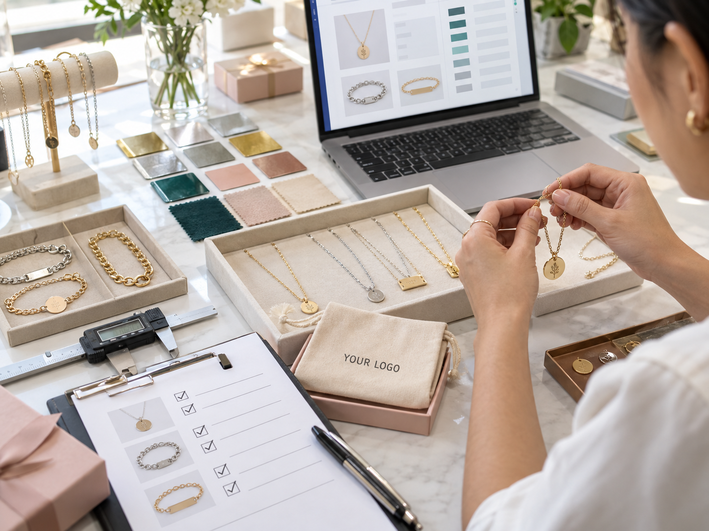 Custom jewelry seller reviewing product attributes, material swatches, packaging samples, and QC details for AI shopping readiness