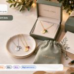 Personalized jewelry gift set cover with Artshiney publisher branding, YOUR LOGO packaging, and Support strip for Shopify Etsy Wix Woo and BigCommerce sellers