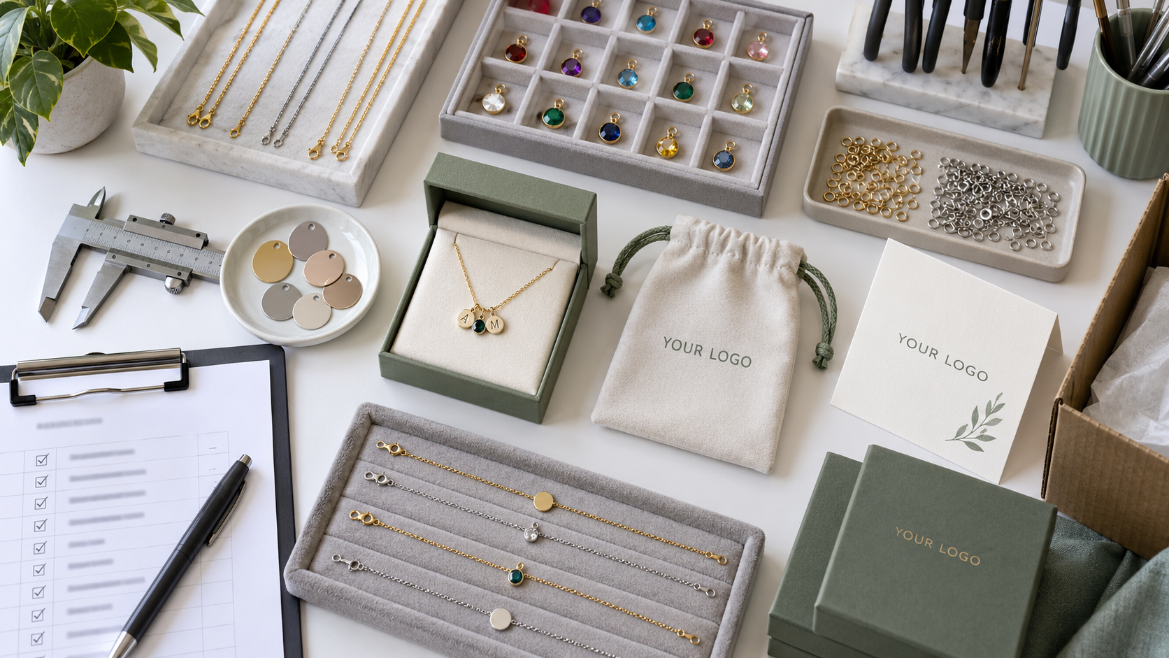 Personalized jewelry gift set quality control workbench with birthstone charms, chains, custom jewelry boxes, and YOUR LOGO private-label packaging