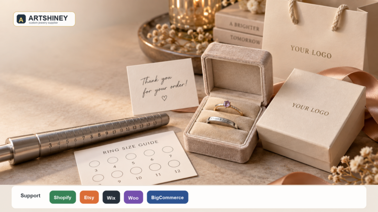 Custom promise ring supplier cover with Artshiney publisher branding, YOUR LOGO packaging, and Support strip for Shopify Etsy Wix Woo and BigCommerce sellers