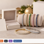 Custom tennis bracelet holiday gift stack cover with Artshiney publisher branding, YOUR LOGO packaging, and Support strip for Shopify Etsy Wix Woo and BigCommerce sellers