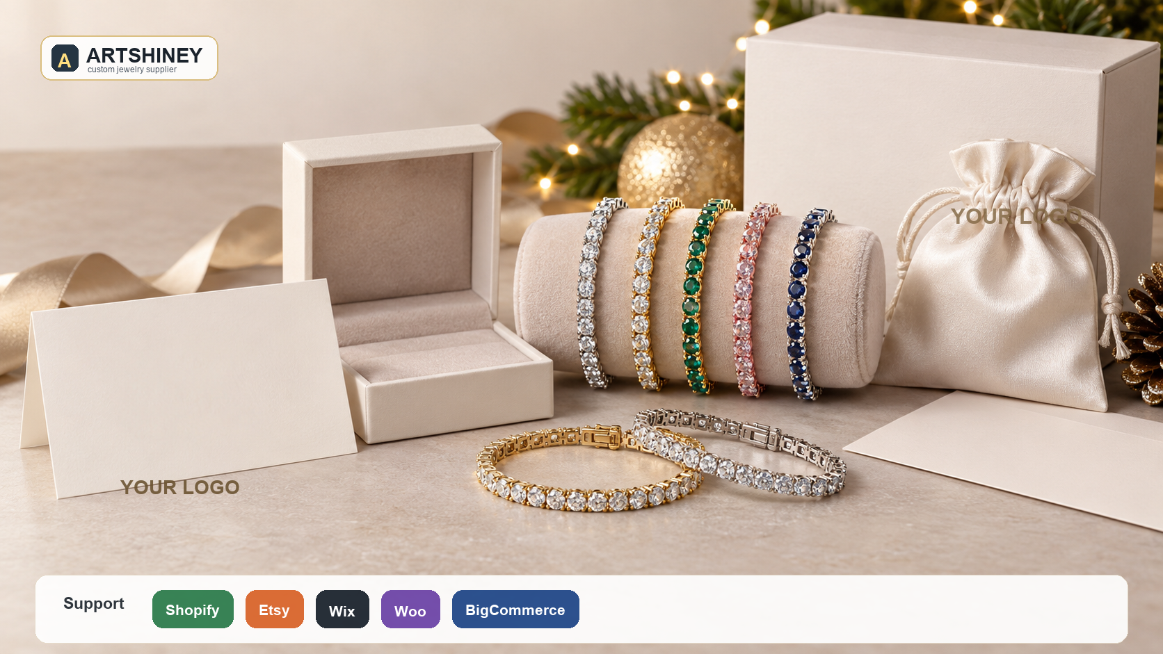 Custom tennis bracelet holiday gift stack cover with Artshiney publisher branding, YOUR LOGO packaging, and Support strip for Shopify Etsy Wix Woo and BigCommerce sellers