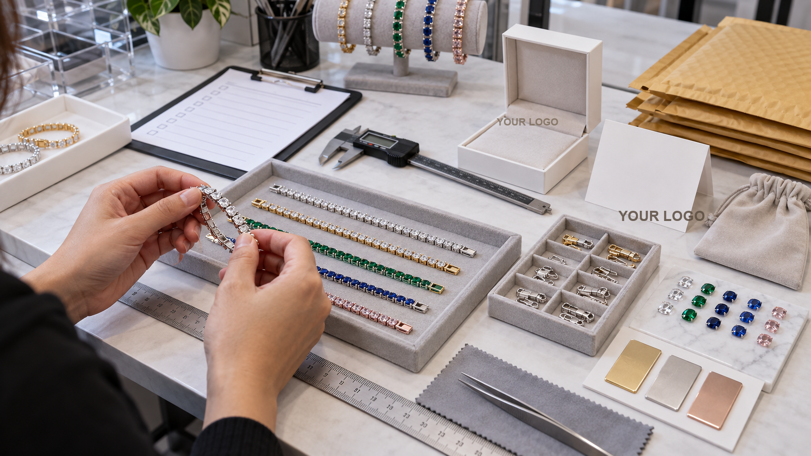 Custom tennis bracelet quality control workbench with stone matching, clasp inspection, sizing tools, finish swatches, and YOUR LOGO private-label packaging