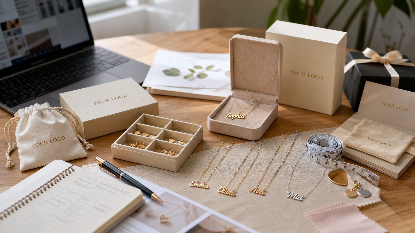 Realistic 520 jewelry seller planning desk with gift packaging marked YOUR LOGO